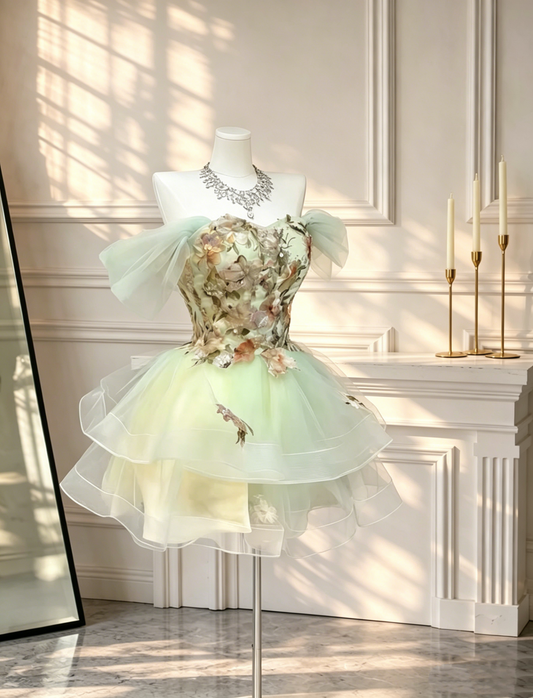 Unique Off The Shoulder Green Tulle Appliques A Line Short Cocktail Dress Birthday Dress D2704
