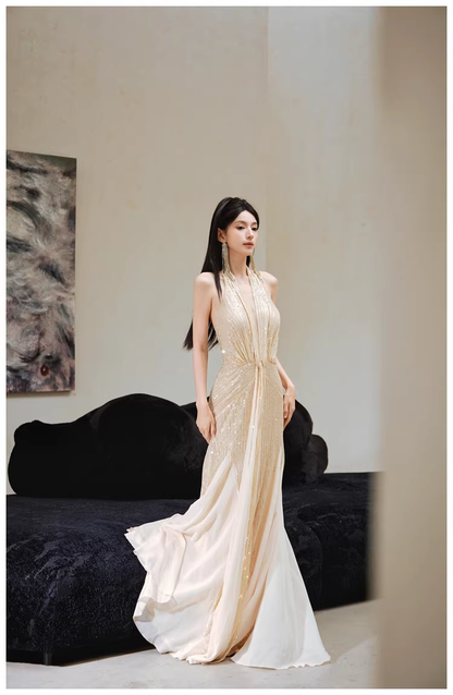 Gorgeous Halter V Neck Champagne Gold Sequin Mermaid Long Evening Dress Formal Birthday Outfits D2424