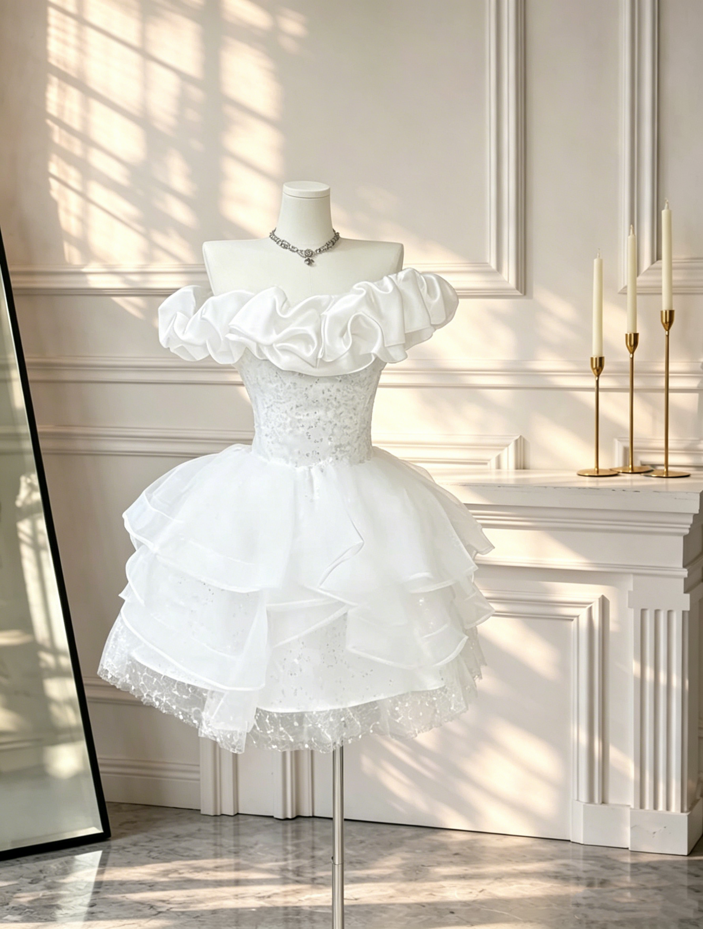 Elegant White Off The Shoulder Homecoming Dress Tulle Sequin Layered A Line Short Party Dress D2596