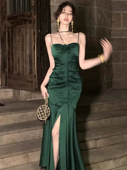 Simple Sheath Spaghetti Straps Floor Length Green Satin Prom Dresses Birthday Dress SD452