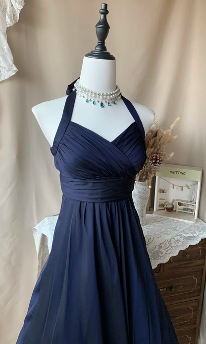 Classy Navy Blue Halter Chiffon A Line Short Homecoming Dress Birthday Outfits D3070