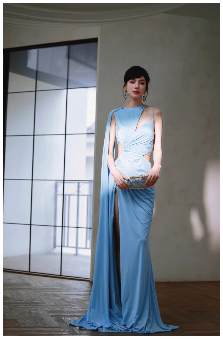 Sexy Blue Satin Slit Mermaid Long Prom Dress Evening Dresses D2459