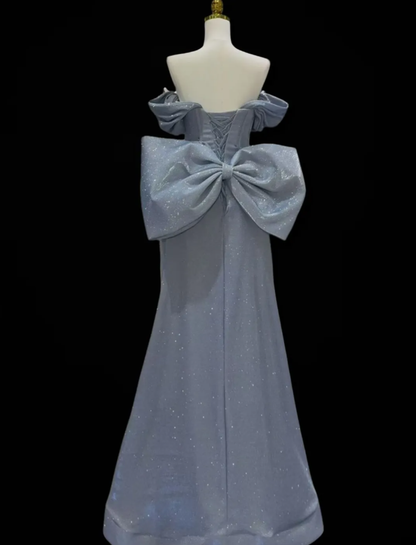 Gorgeous Off The Shoulder Gray Satin Sequin Beaded Mermaid Long Evening Dress Party Gown With Bow D2344