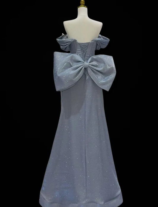 Gorgeous Off The Shoulder Gray Satin Sequin Beaded Mermaid Long Evening Dress Party Gown With Bow D2344