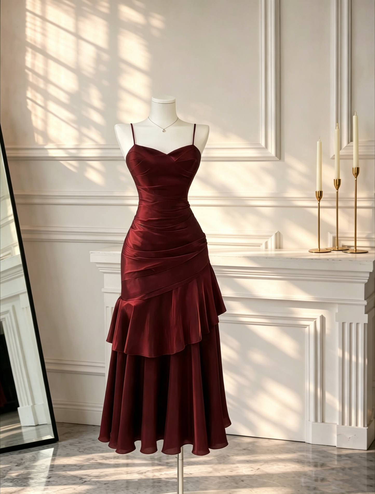 Charming Spaghetti Straps Burgundy Satin Ruffles Layered Mermaid Long Party Dress Birthday Dress D2702