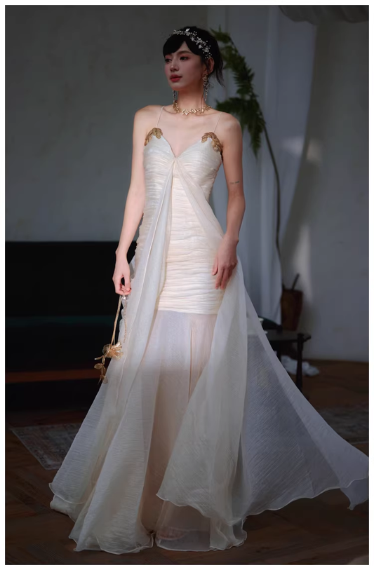 Charming Spaghetti Straps Light Apricot Chiffon Pleated Mermaid Long Evening Dress 18th Birthday Outfits D2451