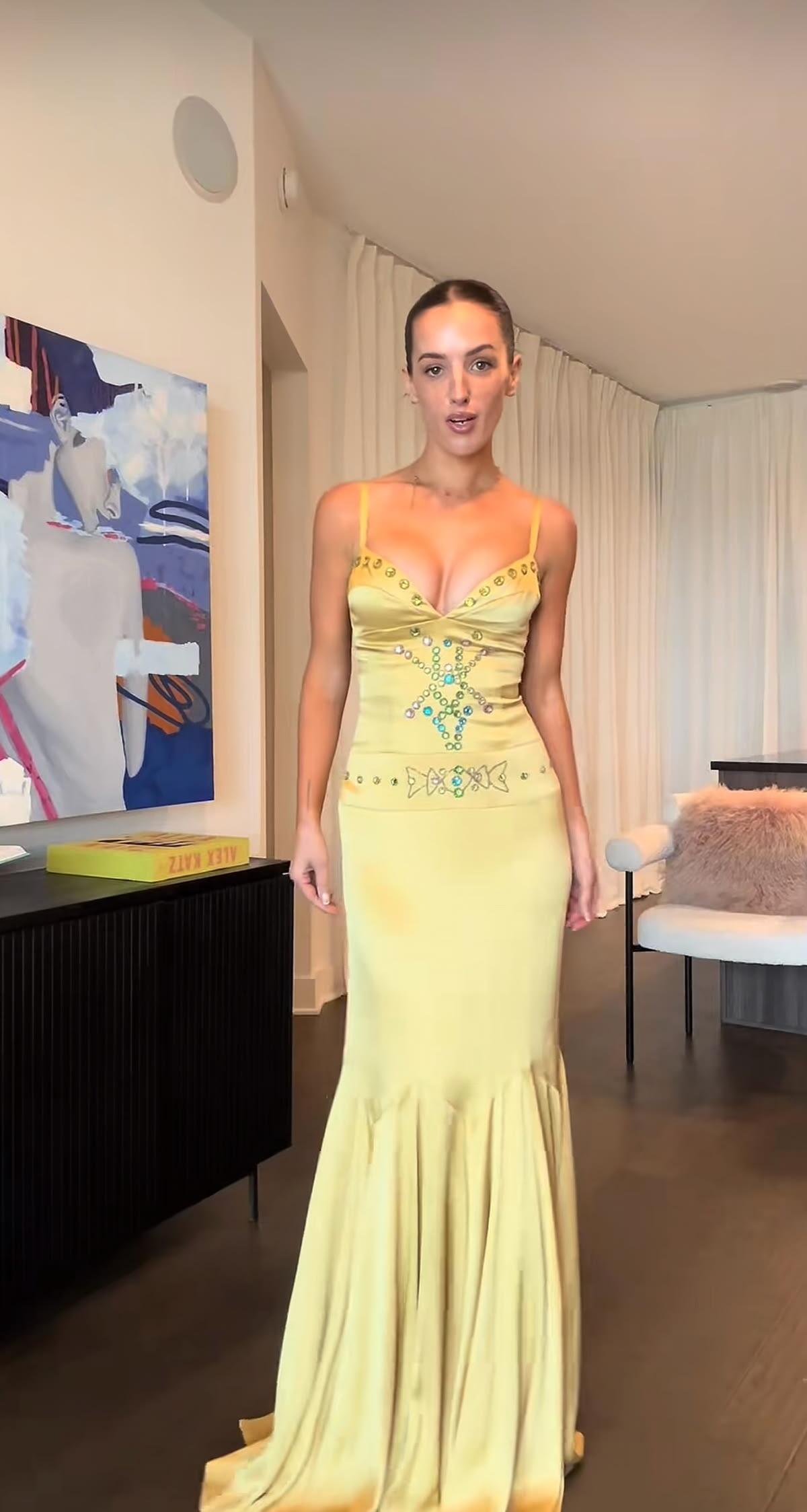 Pretty Yellow Satin Beaded Mermaid Long Party Dress Evening Gown D5182
