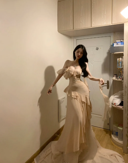 Classy Spaghetti Straps Apricot Chiffon Ruffles Mermaid Evening Dress Long Prom Gown D840