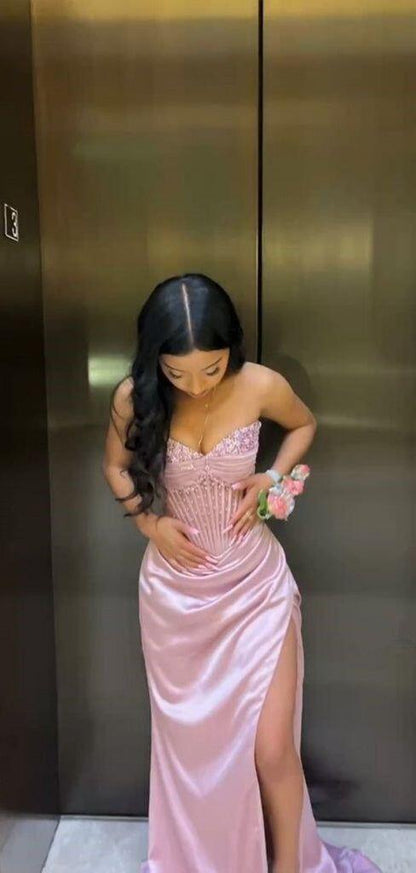 Pretty Pink Satin Beaded Slit Mermaid Long Party Dress Evening Gown D5181