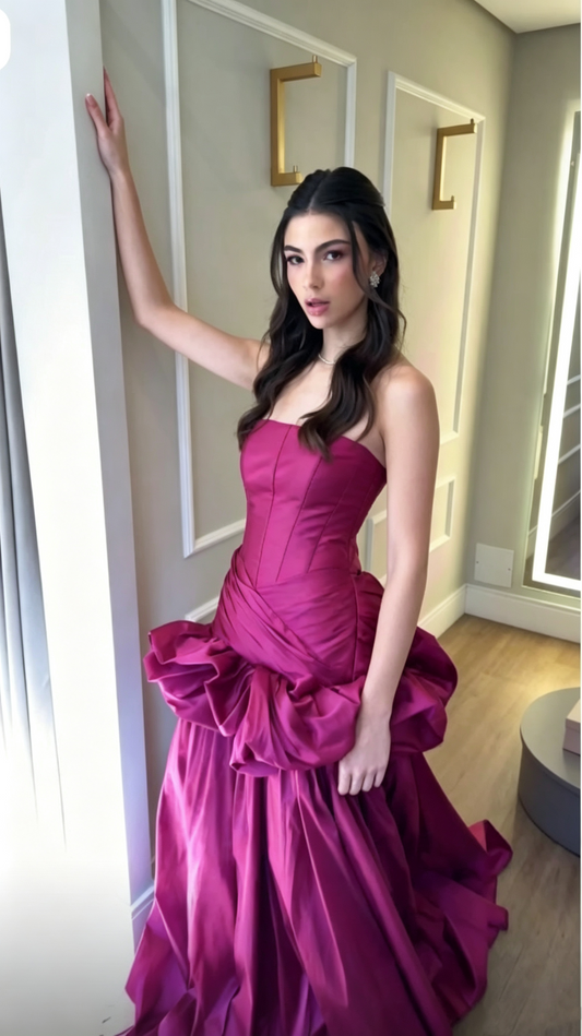 Classy Fuchsia Satin Pleated Long Mermaid Party Dress Strapless Long Wedding Guest Dress D4343