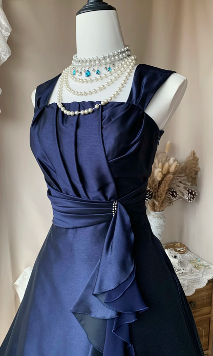 Vintage Navy Blue Satin Pleated Short 7th Grade Homecoming Dress Cocktail Dress D3177