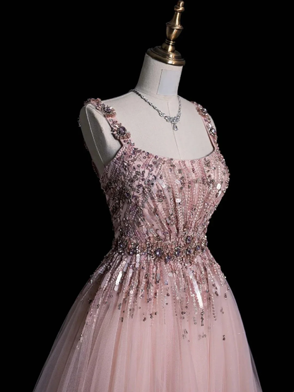 Pretty Square Neck Pink Tulle Sequin Beaded Long Party Dresses For Teens Evening Dress D4842