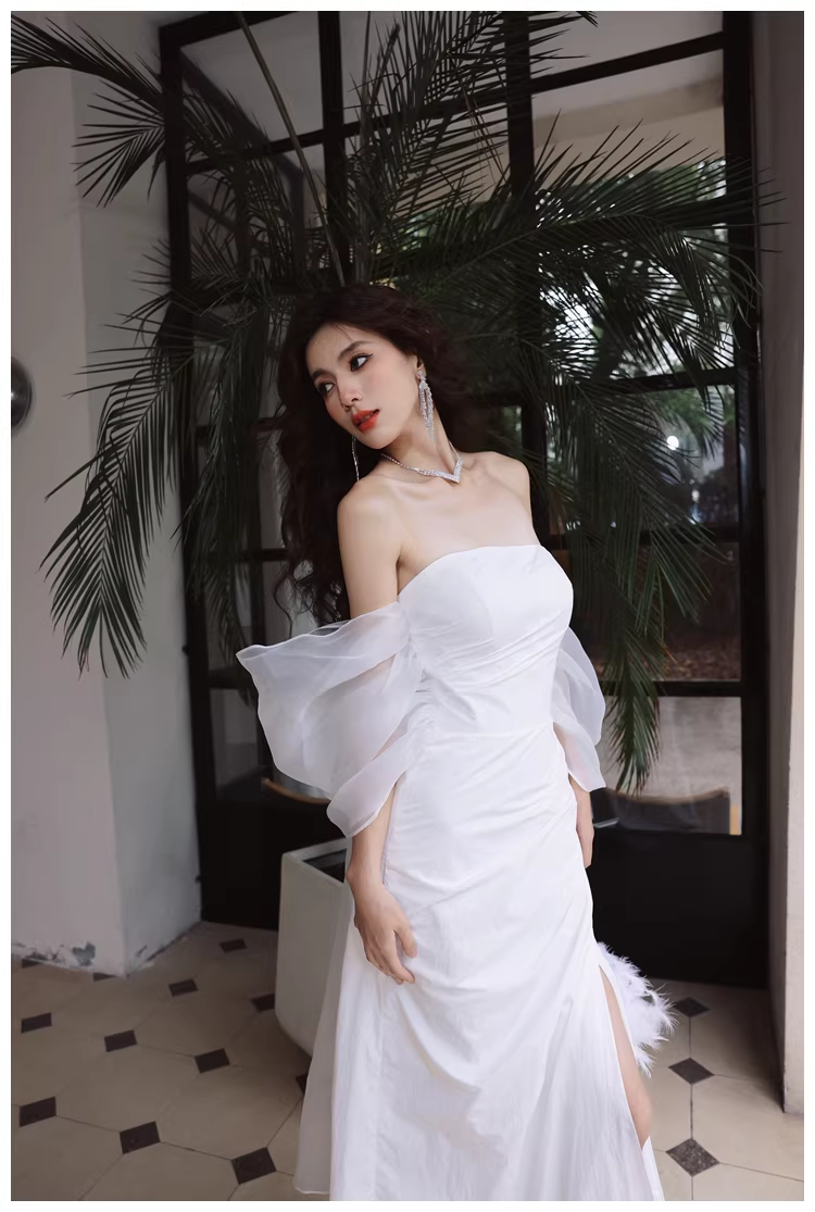 Classy Off The Shoulder White Satin Slit Mermaid Long Party Dress Birthday Evening Dress D2421