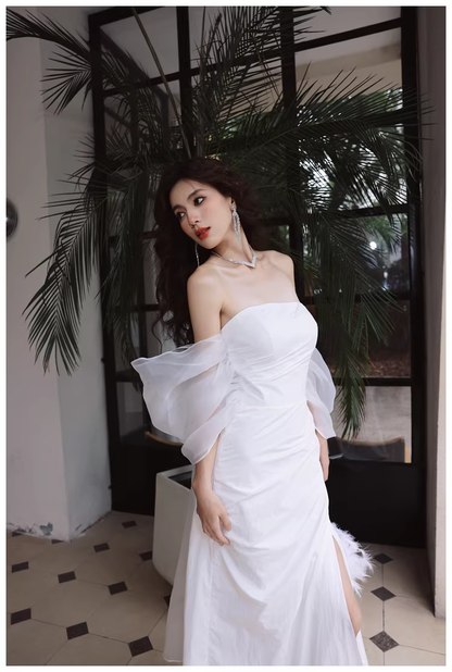 Classy Off The Shoulder White Satin Slit Mermaid Long Party Dress Birthday Evening Dress D2421