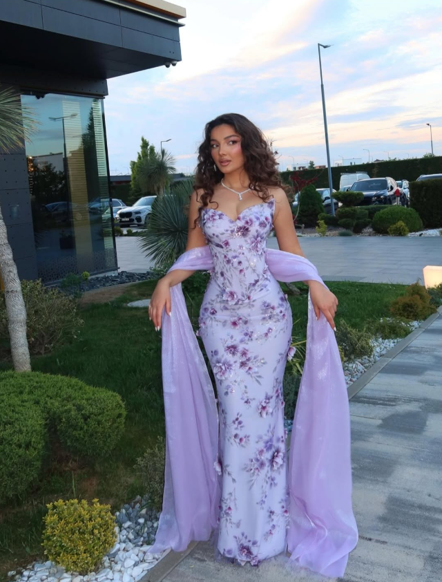 Vintage Purple Strapless Satin Floral Mermaid Long Party Dress Prom Dress D4361