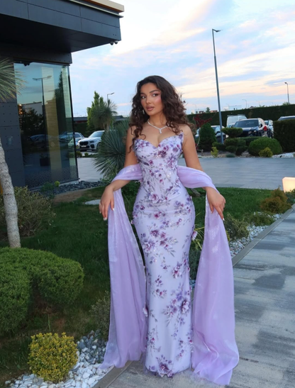 Vintage Purple Strapless Satin Floral Mermaid Long Party Dress Prom Dress D4361