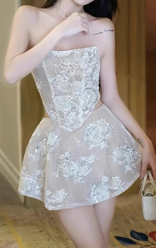 Elegant Strapless Lace Appliques Apricot White Short Birthday Party Dress Two Piece D786