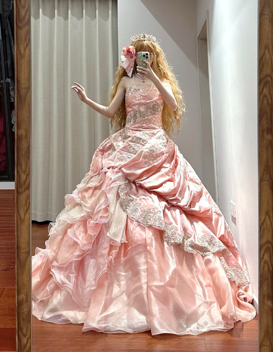 Retro Strapless Ball Gown Pink Satin Tulle Pleated Appliques Quinceanera Dress Sweet 16 Dress D1702