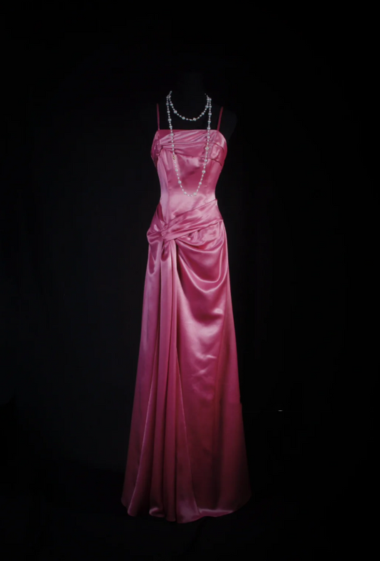 Elegant Pink Satin Pleated Mermaid Long Wedding Guest Dress Formal Party Dress D2008