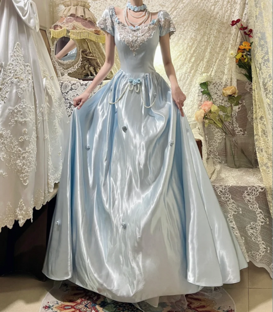 Fairy Blue Ball Gown Off The Shoulder Satin Long Birthday Party Dress With 3D Flowers Dress D21113