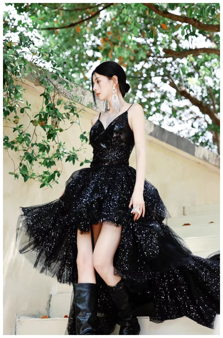 Sparky Black Spaghetti Straps Tulle Sequin Layered Long Birthday Evening Dress Party Dress D2427