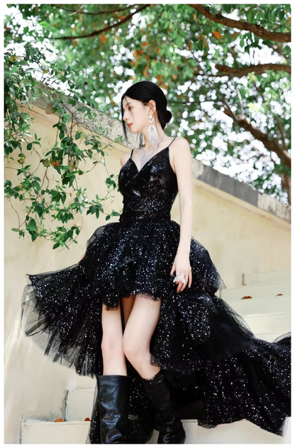 Sparky Black Spaghetti Straps Tulle Sequin Layered Long Birthday Evening Dress Party Dress D2427