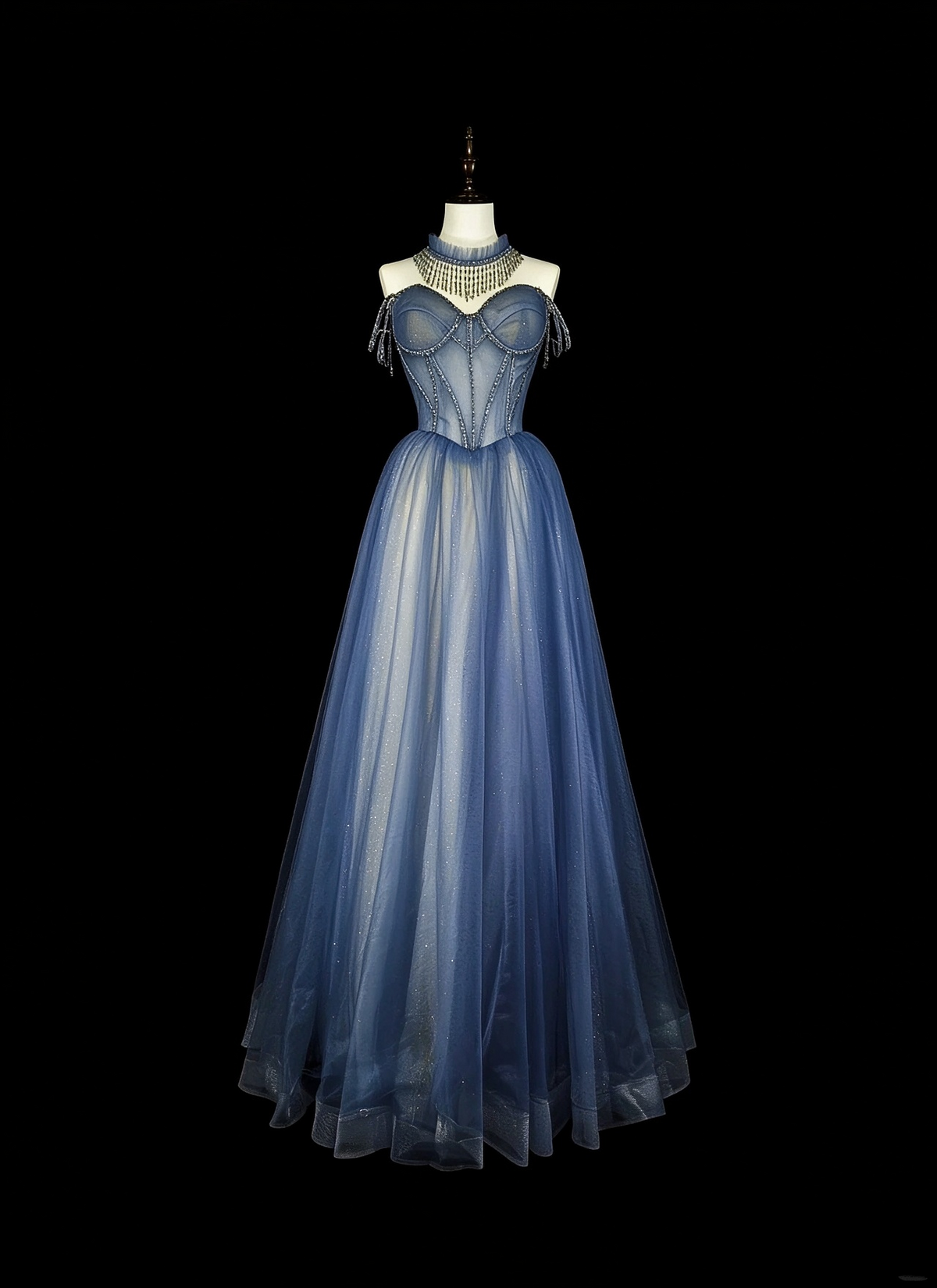 Charming Off The Shoulder Tulle Sequin Beaded Long Prom Dress Blue Evening Dress D5384
