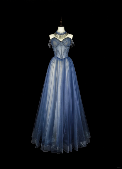 Charming Off The Shoulder Tulle Sequin Beaded Long Prom Dress Blue Evening Dress D5384
