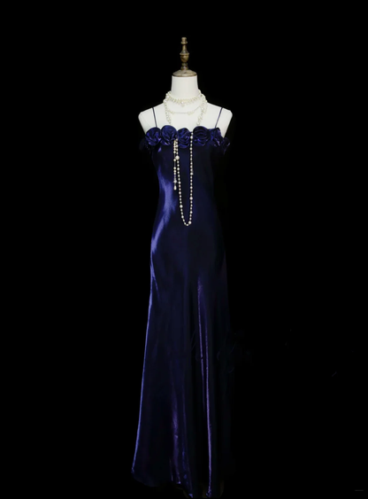 Classy Spaghetti Straps Grape Satin 3D Flowers Long Prom Dresses Evening Dress D4513
