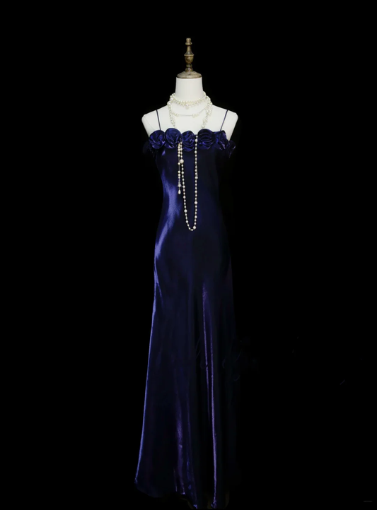 Classy Spaghetti Straps Grape Satin 3D Flowers Long Prom Dresses Evening Dress D4513