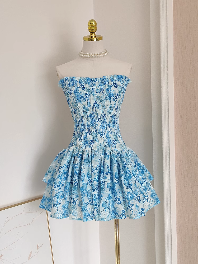 Cute A line Strapless Sleeveless Blue Floral Party Dress Short Birthday Outfits SD380