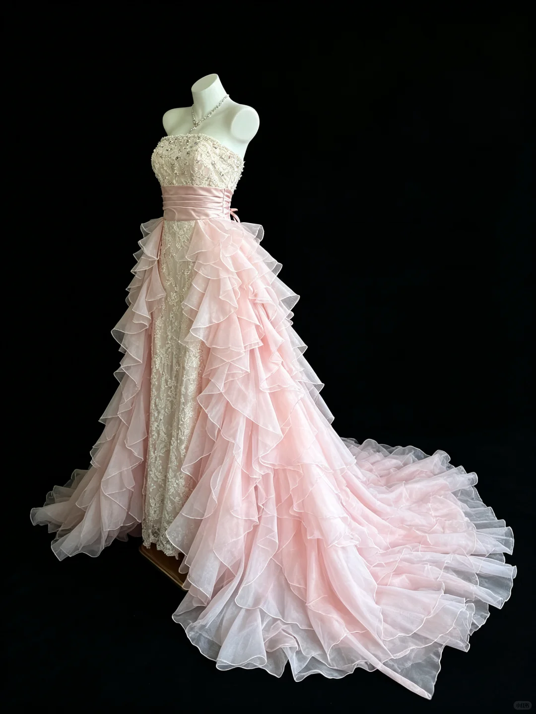 Pretty Strapless Lace Beaded Chiffon Ruffle Pink Long Party Dress Evening Dress D5295