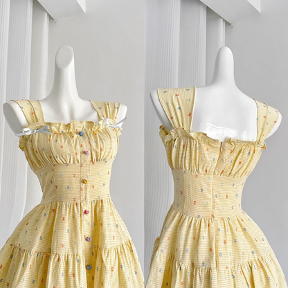 Cute A line Strapless Sleeveless Yellow Floral Holiday Dresses Beach Dress Birthday Outfits SD289