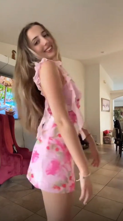 Pretty Pink Chiffon Printed Floral Short Graduation Homecoming Dress ,Spaghetti Straps Short Party Dress D4011