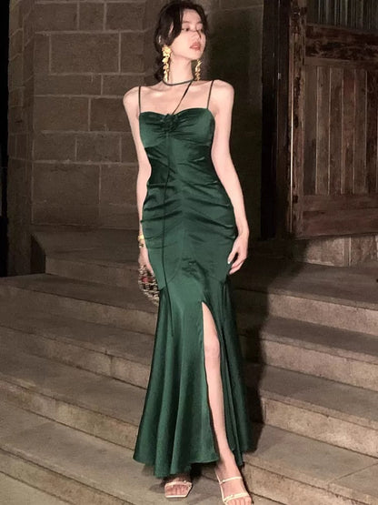 Simple Sheath Spaghetti Straps Floor Length Green Satin Prom Dresses Birthday Dress SD452