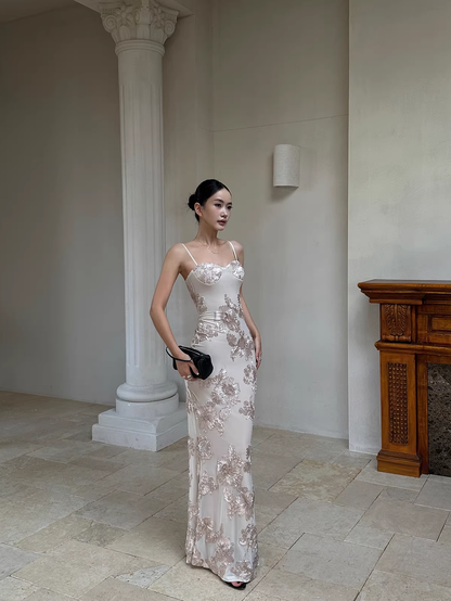 Unique Champagne Satin Floral Mermaid Evening Dress Spaghetti Straps Long Party Gown D2129