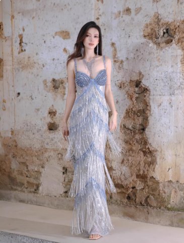 Glitter Spaghetti Straps Sequin Beaded Mermaid Long Evening Dress Birthday Prom Dress With Tassel D2407