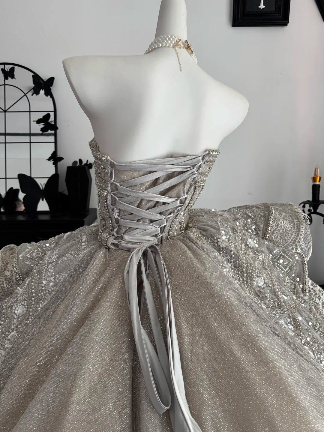 Vintage Strapless Gray Tulle Beaded Long Wedding Dress Bridal Gown D3697