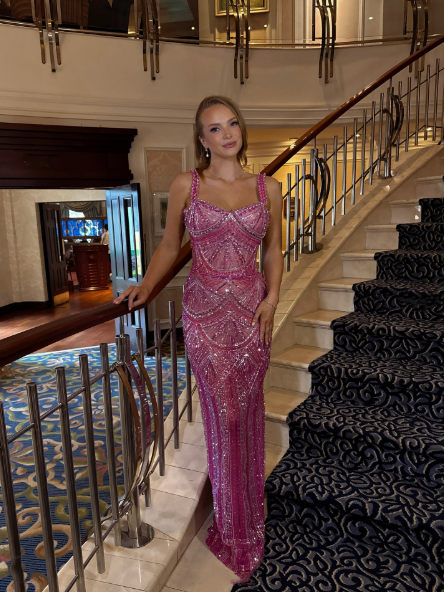 Gorgeous Pink Spaghetti Straps Sequin Beaded Long Evening Dress Formal – SweetDress Gorgeous Pink Spaghetti Straps Sequin Beaded Long Evening Dress Formal – SweetDress