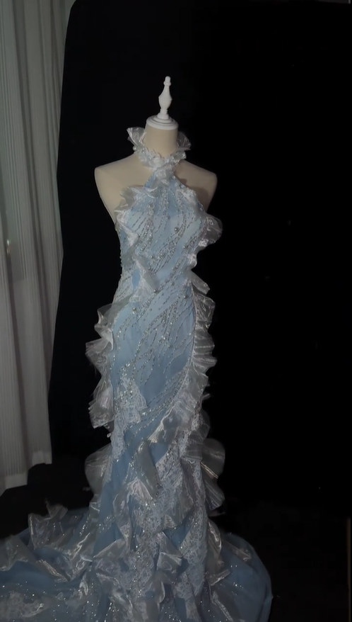 Glamorous Halter Satin Beaded Tulle Ruffles Mermaid Evening Dress Light Blue Backless Party Dress D5166