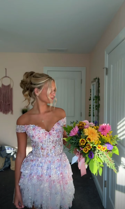 Sparkly Off The Shoulder Tulle Sequin Layered Short Party Dress,White A Line Short 8th Grade Homecoming Dress D4010