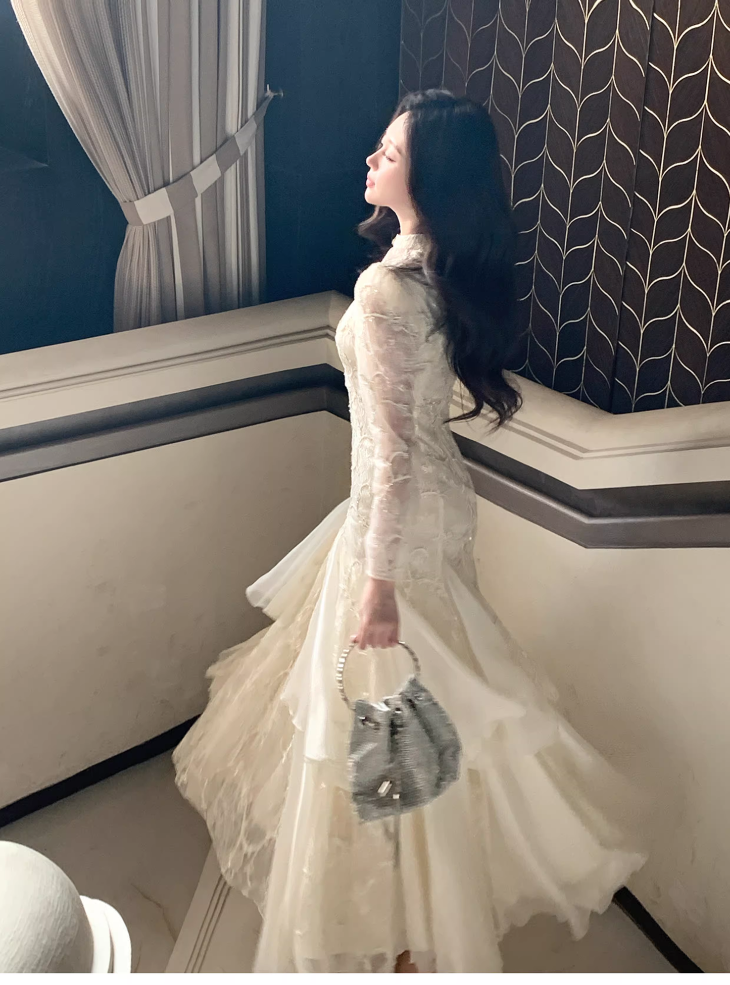 Pretty Beige Tulle Lace Mermaid Long Evening Dress Birthday Prom Dress D2181