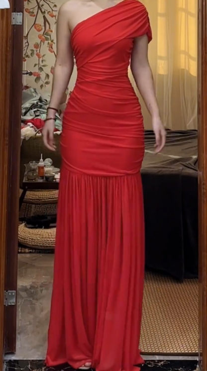 Elegant One Shoulder Red Chiffon Pleated Mermaid Prom Dress Long evening Gown  D1237