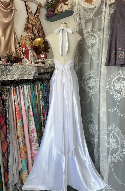 Elegant White Halter satin Beaded Long Wedding Guest Dress Backless Mermaid Evening Dress D1669