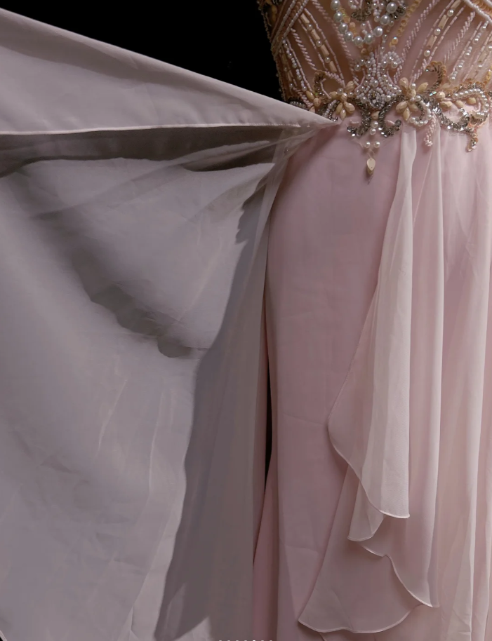 Classy Halter Chiffon Beaded Mermaid Formal Wedding Guest Dress,Pink Long Evening Dress Party Dress D2071