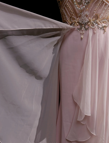 Classy Halter Chiffon Beaded Mermaid Formal Wedding Guest Dress,Pink Long Evening Dress Party Dress D2071