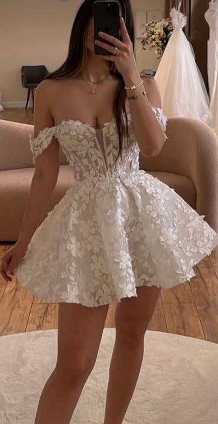Elegant White Off The Shoulder Tulle Appliques A Line Short Homecoming Dress Birthday Outfits D4123