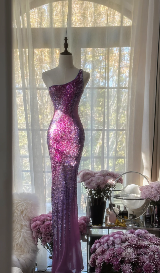 Glamorous Ombre Purple One Shoulder Chiffon Sequin Beaded Mermaid Long Evening Dress Birthday Party Dress D2096
