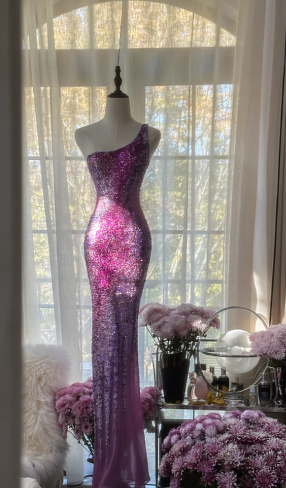 Glamorous Ombre Purple One Shoulder Chiffon Sequin Beaded Mermaid Long Evening Dress Birthday Party Dress D2096