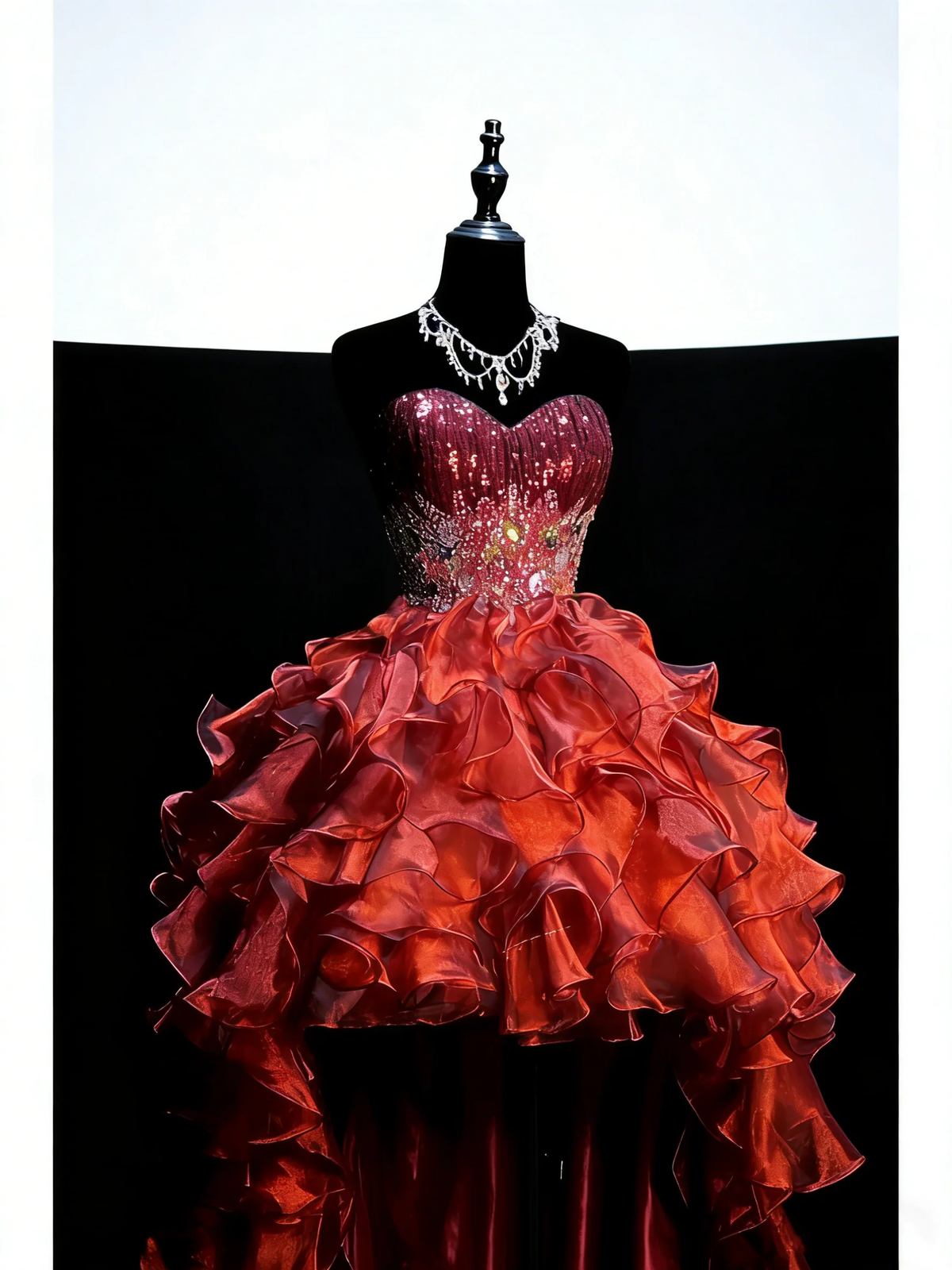 Princess Sweetheart Neck  Sequin Beaded Tulle Ruffle Tiered Long Evening Dress Red High Low Long Party Gown D4882